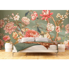 Ein Fototapete mit romantischen Blüten im Schlafzimmer, in dem die sanften Töne und subtilen Blütenblätter eine romantische und beruhigende Atmosphäre schaffen.