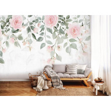 Fotobehang met elegante rozenbloemen op een witte achtergrond aan de muur van een sfeervolle woonkamer.