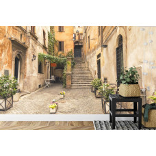 Eine Fototapete mit einer romantischen Gasse voller historischer Details, abgebildet in einem Esszimmer.
