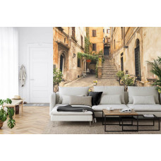 Eine Fototapete mit einer romantischen Gasse in Rom, dargestellt in einem atmosphärischen Stil, abgebildet in einem Wohnzimmer.