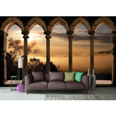 Fototapete im Wohnzimmer mit römischer Säulenarchitektur und Tiefenwirkung über eine weite Landschaft.