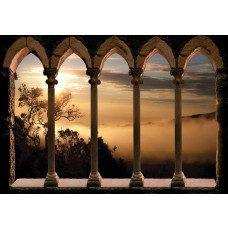 Fototapete mit 3D-Perspektive von römischen Säulen und Landschaft.