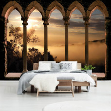 Fototapete im Schlafzimmer mit Säulen aus der Römerzeit und weiter Landschaft mit 3D-Tiefe.