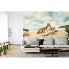 Eine Fototapete mit einem ruhigen Strand mit Felsen und Meerblick, perfekt für ein Wohnzimmer.
