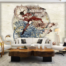 Eine Fototapete von Royal Excelsior mit Dame auf Fahrrad im Alchemie- und Gothic-Stil für das Wohnzimmer.