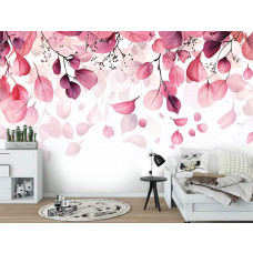 Fotobehang met verfijnde roze bladeren in aquareltechniek in een rustgevende kinderkamer.