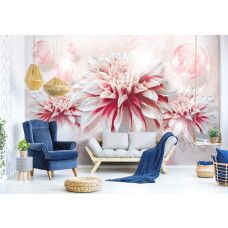 Eine Fototapete mit detaillierten rosa Blumen in einer künstlerischen Anordnung.