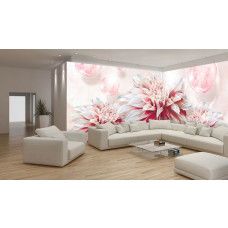 Eine Fototapete mit einer Vielzahl von rosa Blumen, die einen weichen Look.