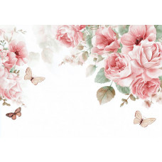 Fotobehang roze bloemen met vlinders op een lichte achtergrond met zachte groene bladeren.