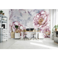 Eine Fototapete mit rosafarbenen Blumen im Kunststil mit Beton im Wohnzimmer, mit einem modernen und anspruchsvollen Gefühl.