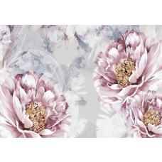 Fototapete mit rosafarbenen Blumen auf einem Hintergrund aus Beton, mit einem modernen und kunstvollen Look.