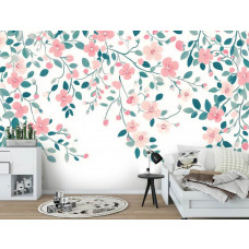 Fotobehang met roze bloesemtakken in een vrolijke woonkamer.