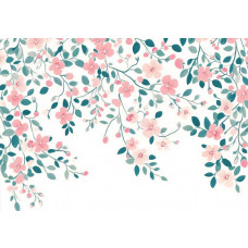 Fotobehang met roze bloesemtakken en groene bladeren op een witte achtergrond.