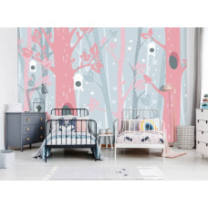 Fototapete mit rosa Bäumen in einem pastellfarbenen Wald mit Schnee für das Babyzimmer.