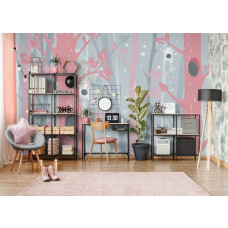 Fototapete mit rosa Bäumen in einem pastellfarbenen Wald mit Schnee für das Mädchenzimmer.