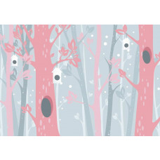 Fototapete mit rosa Bäumen in einem pastellfarbenen Wald mit Schnee, weiche Töne.