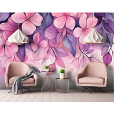 Fotobehang met roze en paarse bloemen in een romantische woonkamer.