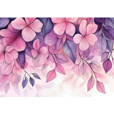 Fotobehang met roze en paarse bloemen en bladeren op een zachte achtergrond.