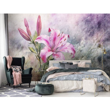 Eine Fototapete mit rosa Lilien mit einem romantischen Design in einem Schlafzimmer.