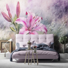 Eine Fototapete mit rosa Lilien im Vliestapeten-Stil mit einem Betonhintergrund.