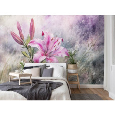 Eine Fototapete mit rosa Lilien im Vliestapeten-Stil für ein Schlafzimmer.