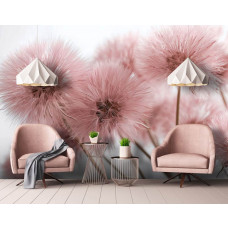 Fotobehang roze paardenbloemen in een woonkamer, met zachte pastelkleuren en elegante uitstraling.