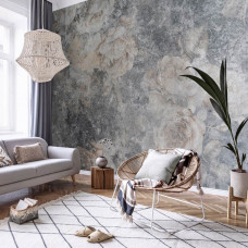 Eine Fototapete einer Betonwand mit Rosen in Grautönen, geeignet für eine Vliestapete im Wohnzimmer.