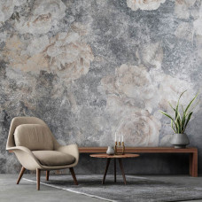 Eine Fototapete mit industriellem Design einer Betonwand und Rosen in Grautönen, geeignet für ein Wohnzimmer.