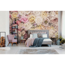 Fototapete mit bunten Rosenblüten in einem romantischen Stil, geeignet für das Schlafzimmer.