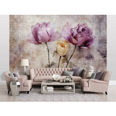 Eine Fototapete mit Rosen im Kunststil mit Blumen und Beton im Wohnzimmer.