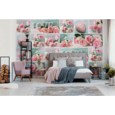 Eine Fototapete mit weichen rosa Blumen, perfekt für ein romantisches Schlafzimmer.