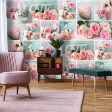 Eine Fototapete mit rosa Blumen mit einem liebevollen Thema, geeignet für das Wohnzimmer.