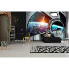 Eine Fototapete mit einem Weltraumthema voller Sterne und einem Raumschiff, perfekt für ein Spielzimmer.