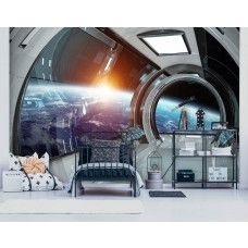 Eine Fototapete mit einem galaktischen Design einer Raumstation, besonders für ein Kinderzimmer.