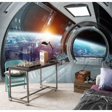Eine Fototapete mit einem kosmischen Design mit einem 3D-Raumschiff, ideal für ein Schlafzimmer.