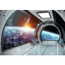 3D-Rendering einer Raumstation mit Planeten und Sternen auf dieser futuristischen Weltraum-Fototapete.