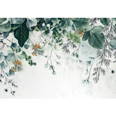 Fotobehang met een rustgevende botanische compositie van bladeren in zachte groentinten en natuurlijke vormen.
