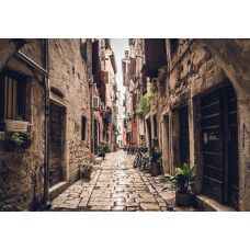 Eine rustikale Straße in Rovinj, Kroatien, stimmungsvoll eingefangen auf dieser Fototapete einer historischen Stadt.