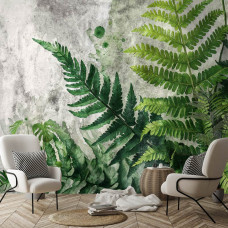 Ein Fototapet von rustikalen Farnen auf einer robusten Betonstruktur in einem Wohnzimmer mit Vliesbehang.