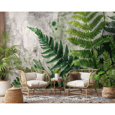 Ein Fototapet von rustikalen Farnen auf einer robusten Betonstruktur in einem Wohnzimmer.