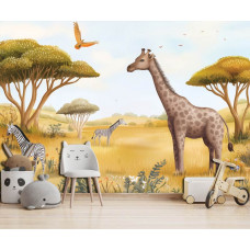 Fotobehang safari dieren avontuur in kinderkamer met vrolijke dieren en zachte kleuren.