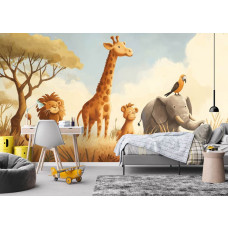 Fototapete mit Safari-Tieren in der Savanne in einem Jungenzimmer, wo farbenfrohe Tiere für eine lebendige Atmosphäre sorgen.