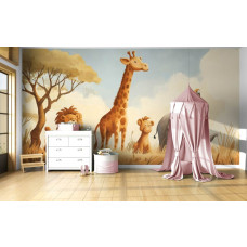 Fototapete mit Safari-Tieren in der Savanne in einem Mädchenzimmer, das eine kreative und entspannte Atmosphäre ausstrahlt.