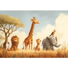 Fototapete mit Safari-Tieren in der Savanne, darunter ein Löwe, eine Giraffe, ein Elefant, ein junger Löwe und ein Vogel.