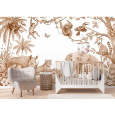 Fototapete Safari Tiere Terrakotta im Babyzimmer mit Elefant mit Jungtier, Nashorn mit Kalb und Affen zwischen tropischen Blättern.