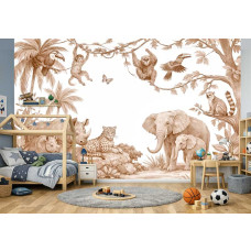 Fototapete Safari Tiere Terrakotta im Jungenzimmer mit Elefant mit Jungtier, Nashorn und Leopard zwischen tropischen Blättern und Palmen.