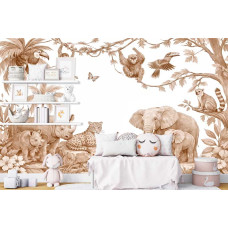Fototapete Safari Tiere Terrakotta im Kinderzimmer mit Savannentieren wie Elefant, Nashorn und Leopard zwischen großen Blättern und Dschungelpflanzen.