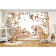 Fototapete Safari Tiere Terrakotta im Kinderzimmer mit Elefant, Nashorn, Leopard und Affen zwischen tropischen Pflanzen und Palmen.