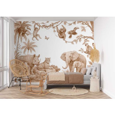 Fototapete Safari Tiere Terrakotta im Mädchenzimmer mit Illustrationen von Elefant mit Jungtier, Nashorn und Leopard zwischen tropischen Pflanzen.