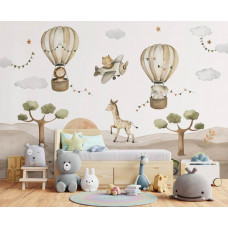 Safari-Fototapete in einem Spielzimmer mit Savanne und Tieren.